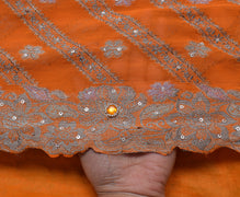 Sushila Vintage Orange Saree Blend Georgette Silk Hand Beaded Woven Sari Fabric