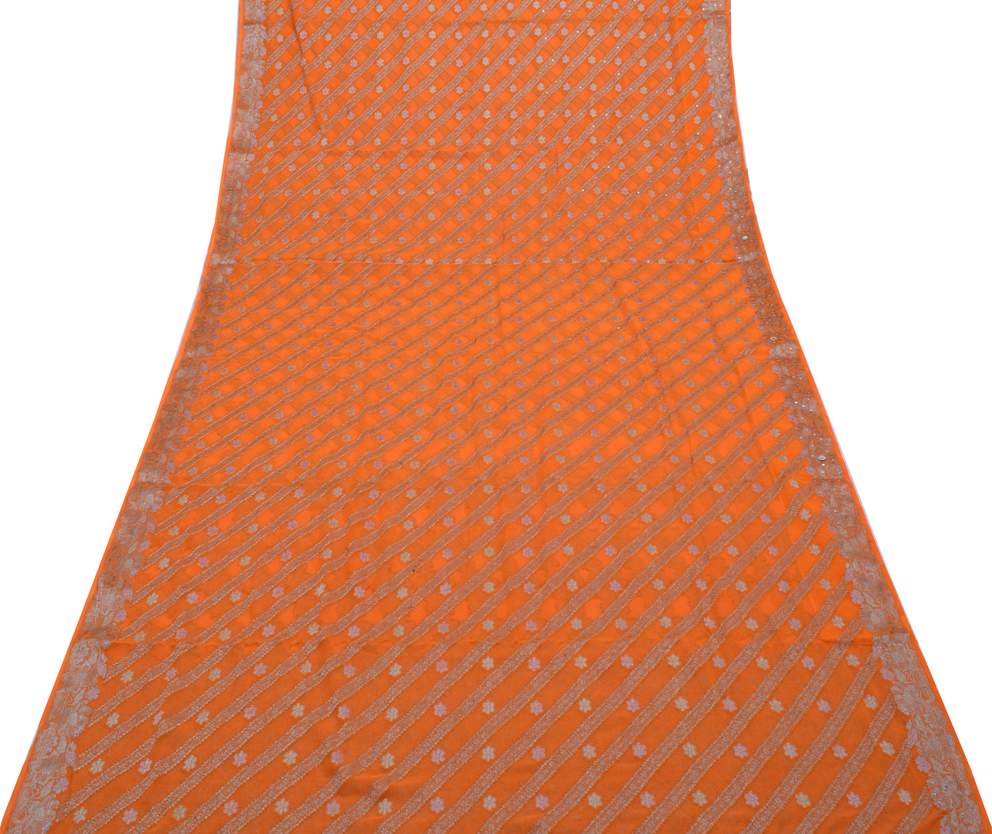 Sushila Vintage Orange Gray Saree Art Chiffon Silk Woven Sequins Work Sari Craft Fabric