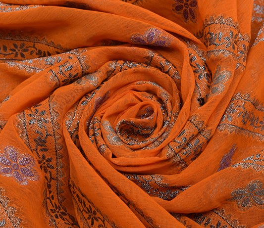 Sushila Vintage Orange Gray Saree Art Chiffon Silk Woven Sequins Work Sari Craft Fabric