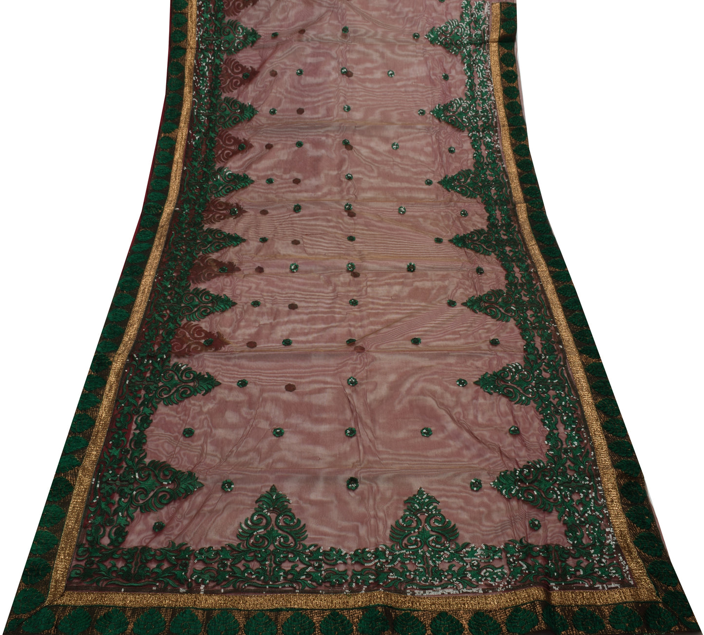 Sushila Vintage Indian Brown Saree Net Mesh Embroidered Floral Sari Craft Fabric