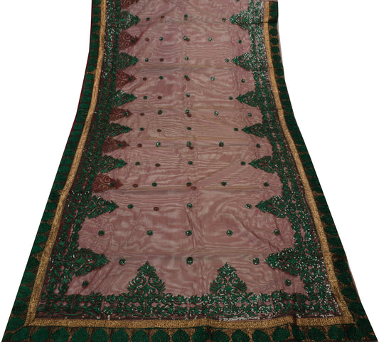 Sushila Vintage Indian Brown Saree Net Mesh Embroidered Floral Sari Craft Fabric