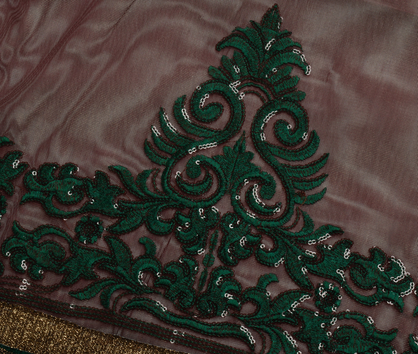 Sushila Vintage Indian Brown Saree Net Mesh Embroidered Floral Sari Craft Fabric
