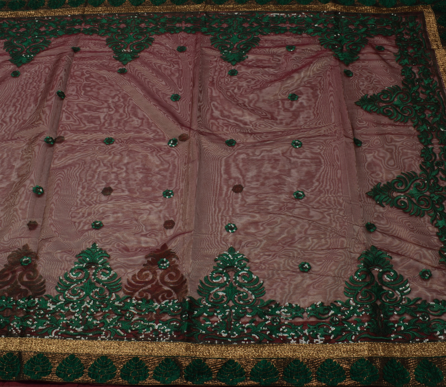 Sushila Vintage Indian Brown Saree Net Mesh Embroidered Floral Sari Craft Fabric