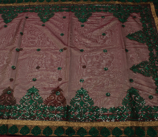 Sushila Vintage Indian Brown Saree Net Mesh Embroidered Floral Sari Craft Fabric