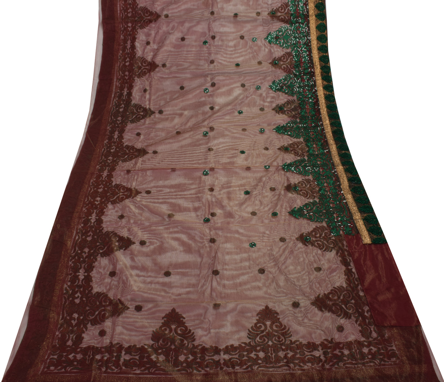 Sushila Vintage Indian Brown Saree Net Mesh Embroidered Floral Sari Craft Fabric