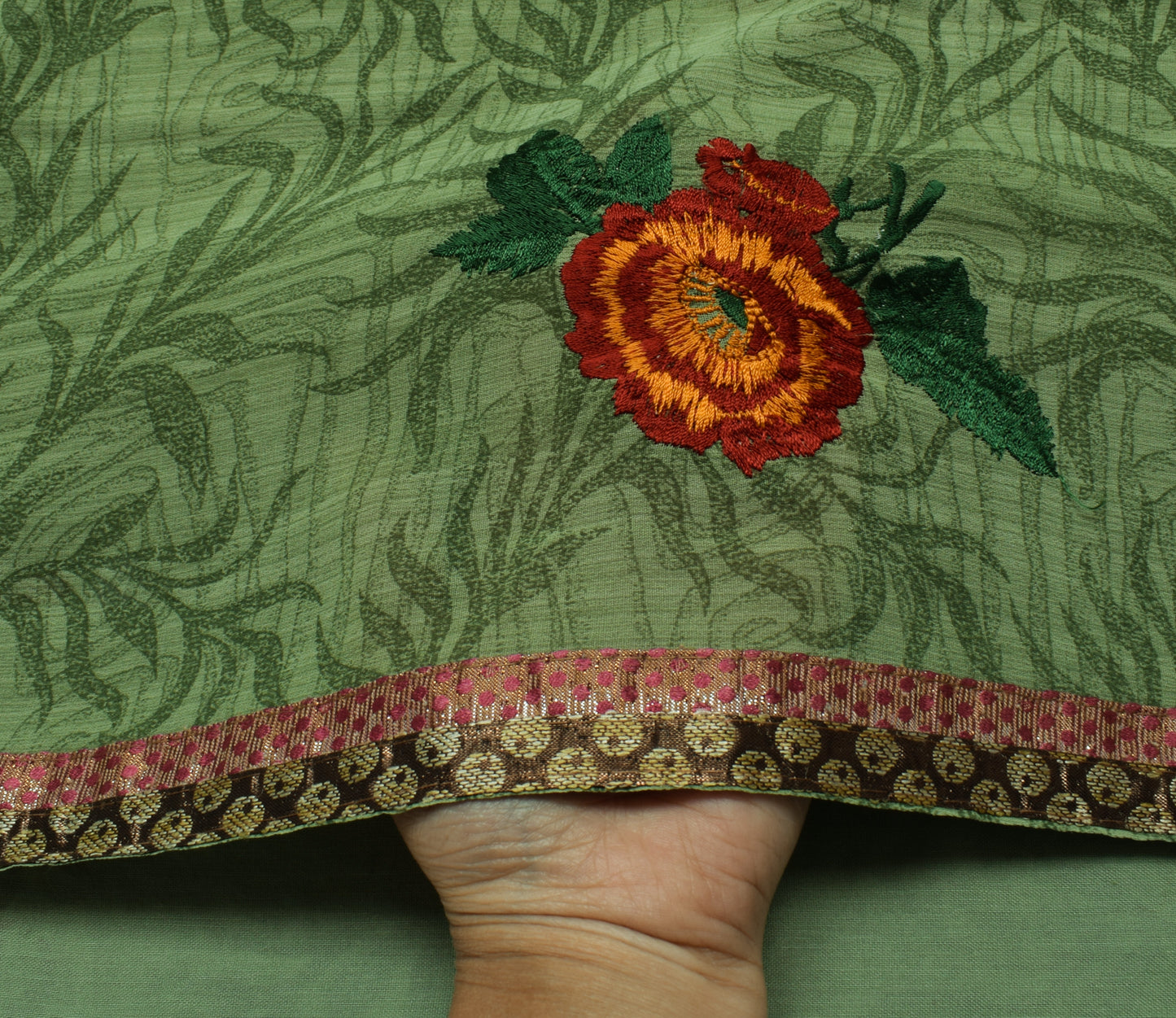 Sushila Vintage Green Saree Blend Crepe Silk Printed & Embroidered Sari Fabric