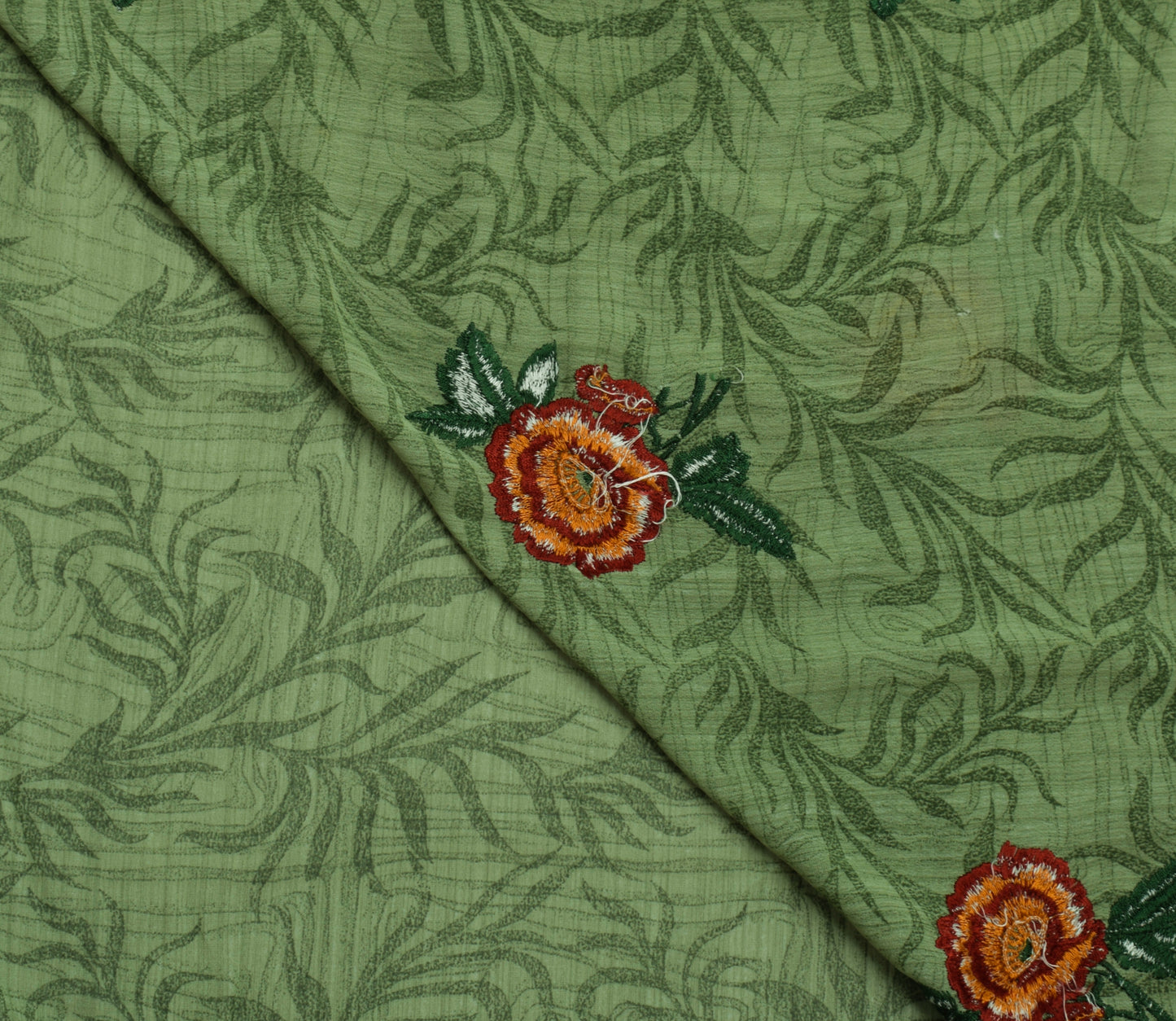 Sushila Vintage Green Saree Blend Crepe Silk Printed & Embroidered Sari Fabric