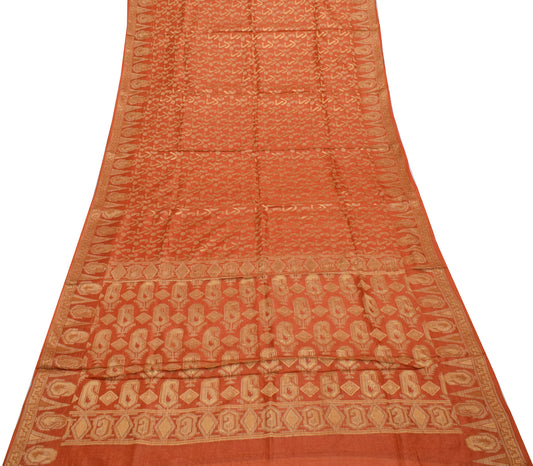 Sushila Vintage Orange Saree 100% Pure Silk All Over Woven Sari Craft Fabric