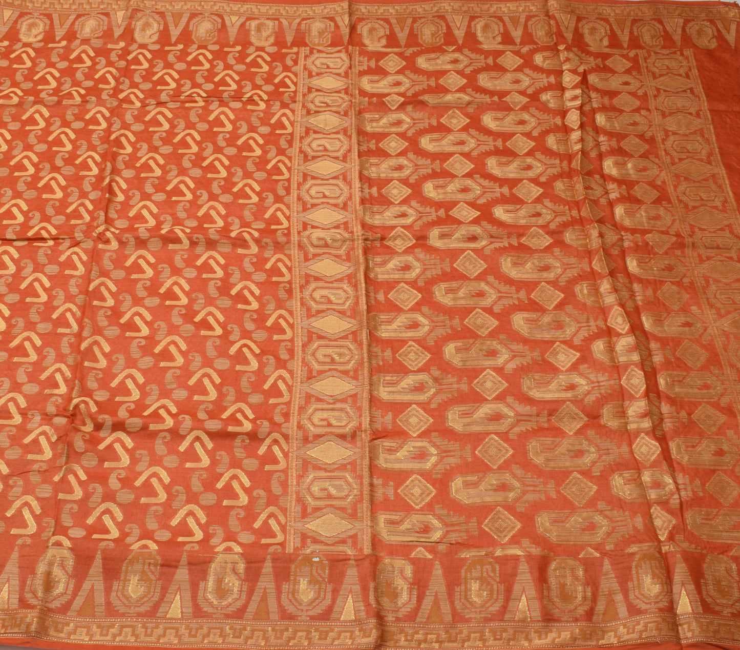 Sushila Vintage Orange Saree 100% Pure Silk All Over Woven Sari Craft Fabric