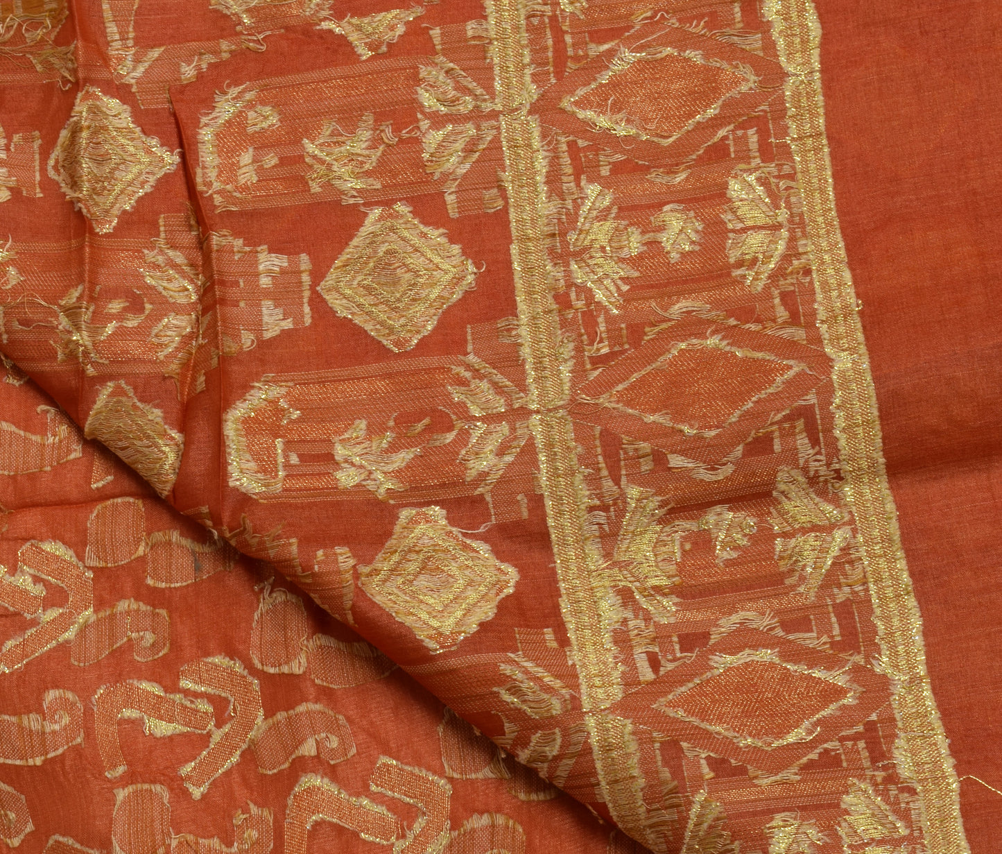 Sushila Vintage Orange Saree 100% Pure Silk All Over Woven Sari Craft Fabric