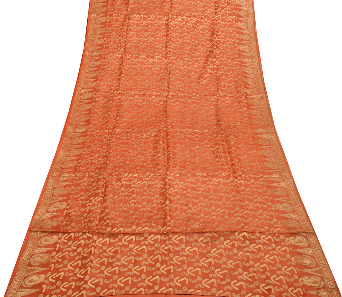Sushila Vintage Orange Saree 100% Pure Silk All Over Woven Sari Craft Fabric