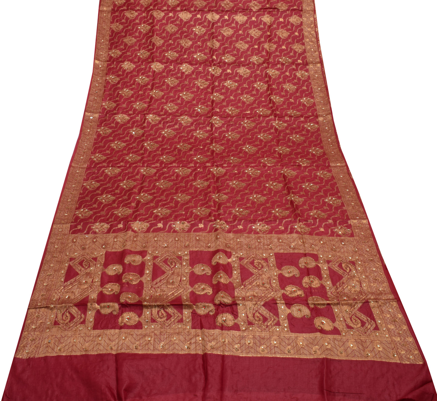 Sushila Vintage Indian Saree Pure Silk Hand Beaded & Woven Floral Sari Fabric