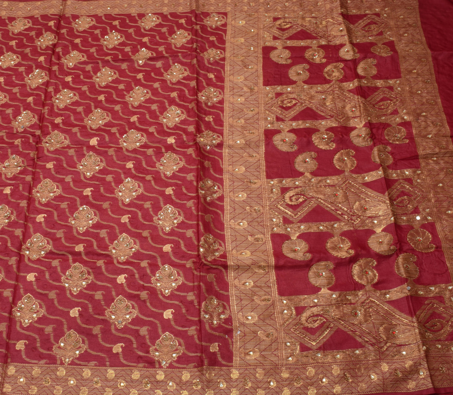 Sushila Vintage Indian Saree Pure Silk Hand Beaded & Woven Floral Sari Fabric