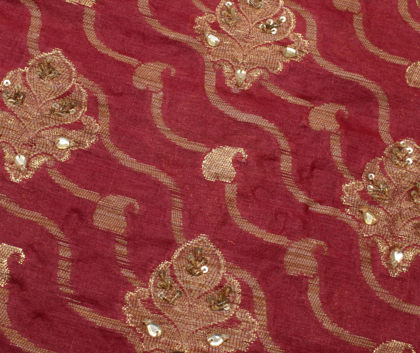 Sushila Vintage Indian Saree Pure Silk Hand Beaded & Woven Floral Sari Fabric