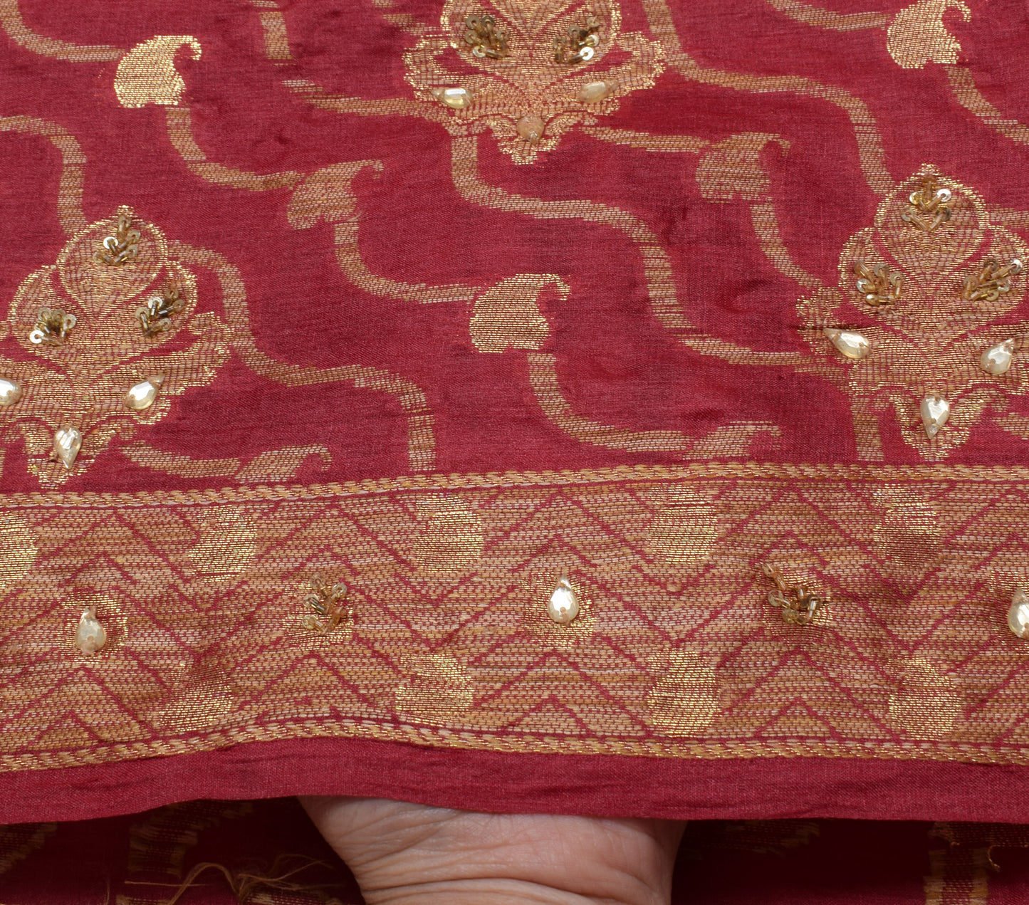Sushila Vintage Indian Saree Pure Silk Hand Beaded & Woven Floral Sari Fabric