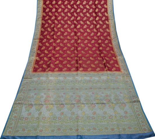 Sushila Vintage Maroon Saree 100% Pure Silk All Over Woven Paisley Sari Fabric