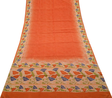 Sushila Vintage Indian Orange Saree Pure Crepe Silk Printed Sari Craft Fabric