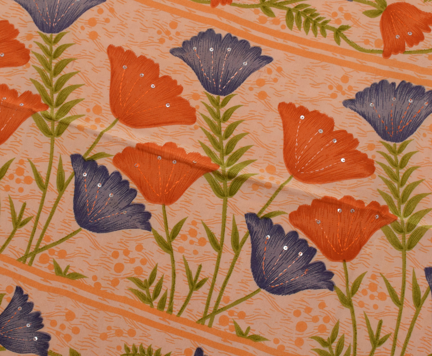 Sushila Vintage Indian Orange Saree Pure Crepe Silk Printed Sari Craft Fabric