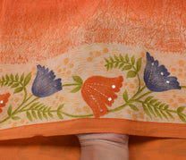 Sushila Vintage Indian Orange Saree Pure Crepe Silk Printed Sari Craft Fabric