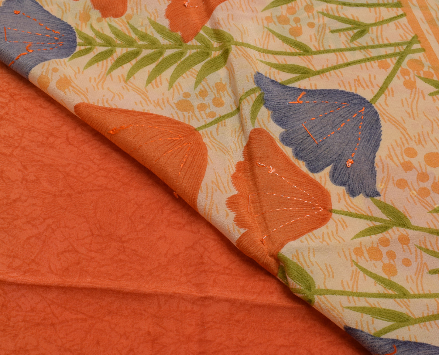 Sushila Vintage Indian Orange Saree Pure Crepe Silk Printed Sari Craft Fabric