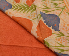 Sushila Vintage Indian Orange Saree Pure Crepe Silk Printed Sari Craft Fabric