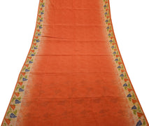 Sushila Vintage Indian Orange Saree Pure Crepe Silk Printed Sari Craft Fabric