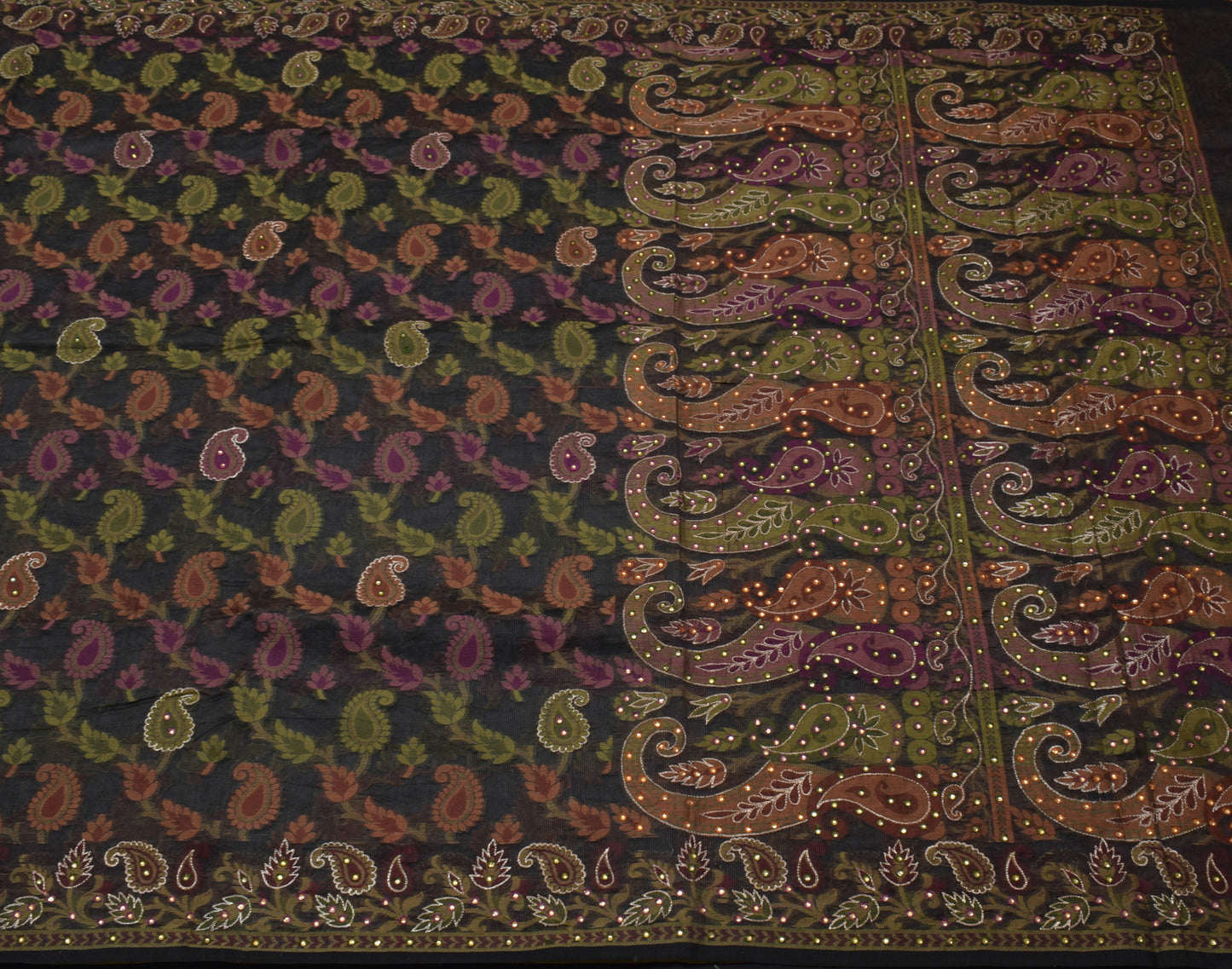 Sushila Vintage Black Saree Blend Cotton Woven Paisley Sari Craft 5 Yard Fabric