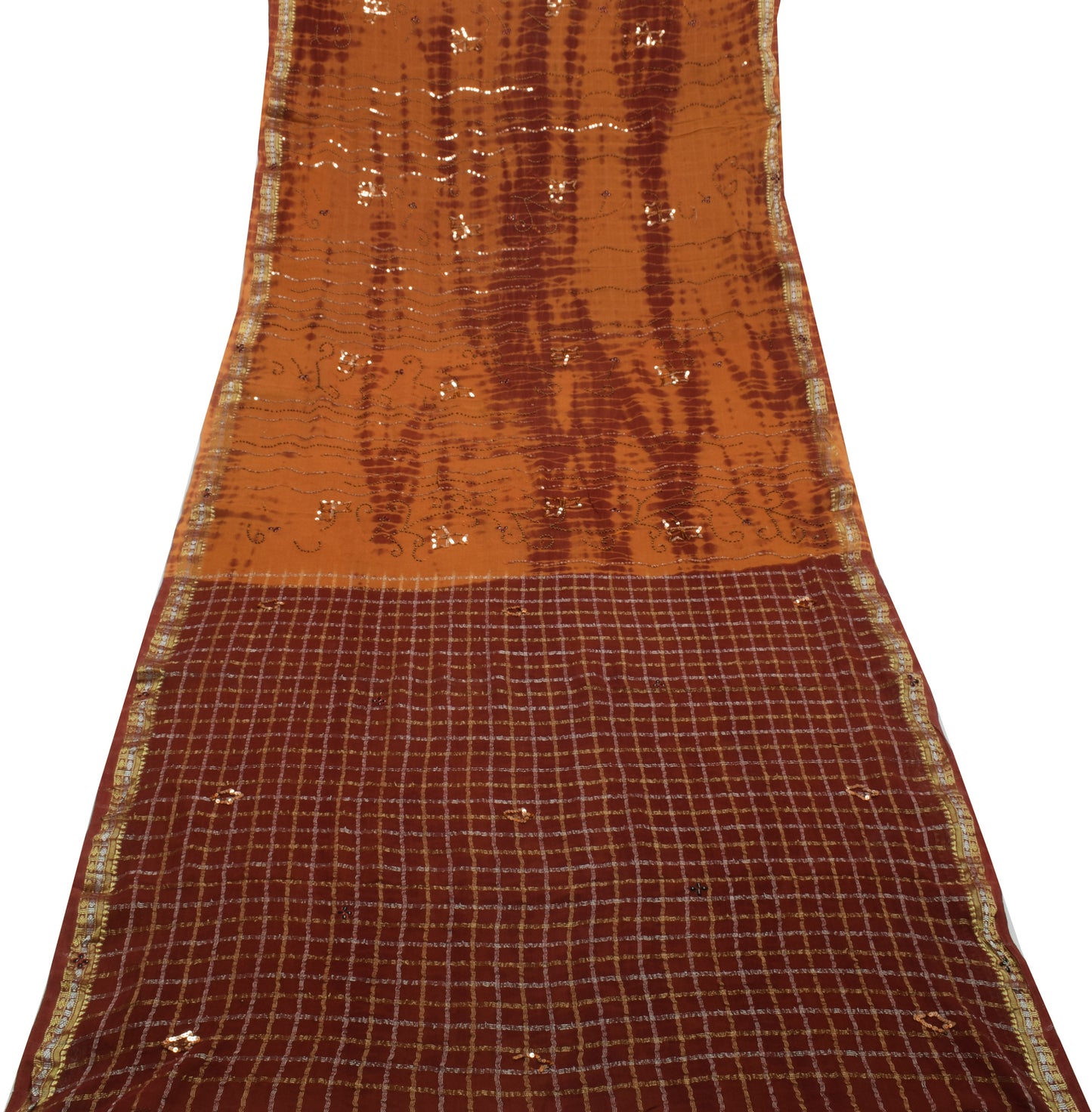Sushila Vintage Rust Tie-Dye Saree Pure Georgette Silk Woven 5 Yard Sari Fabric
