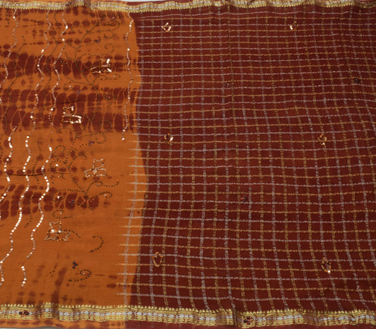 Sushila Vintage Rust Tie-Dye Saree Pure Georgette Silk Woven 5 Yard Sari Fabric