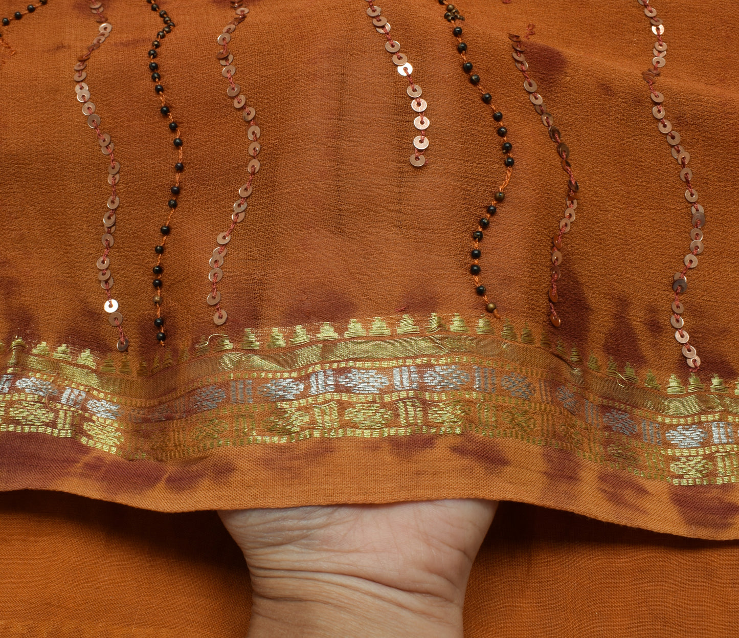 Sushila Vintage Rust Tie-Dye Saree Pure Georgette Silk Woven 5 Yard Sari Fabric