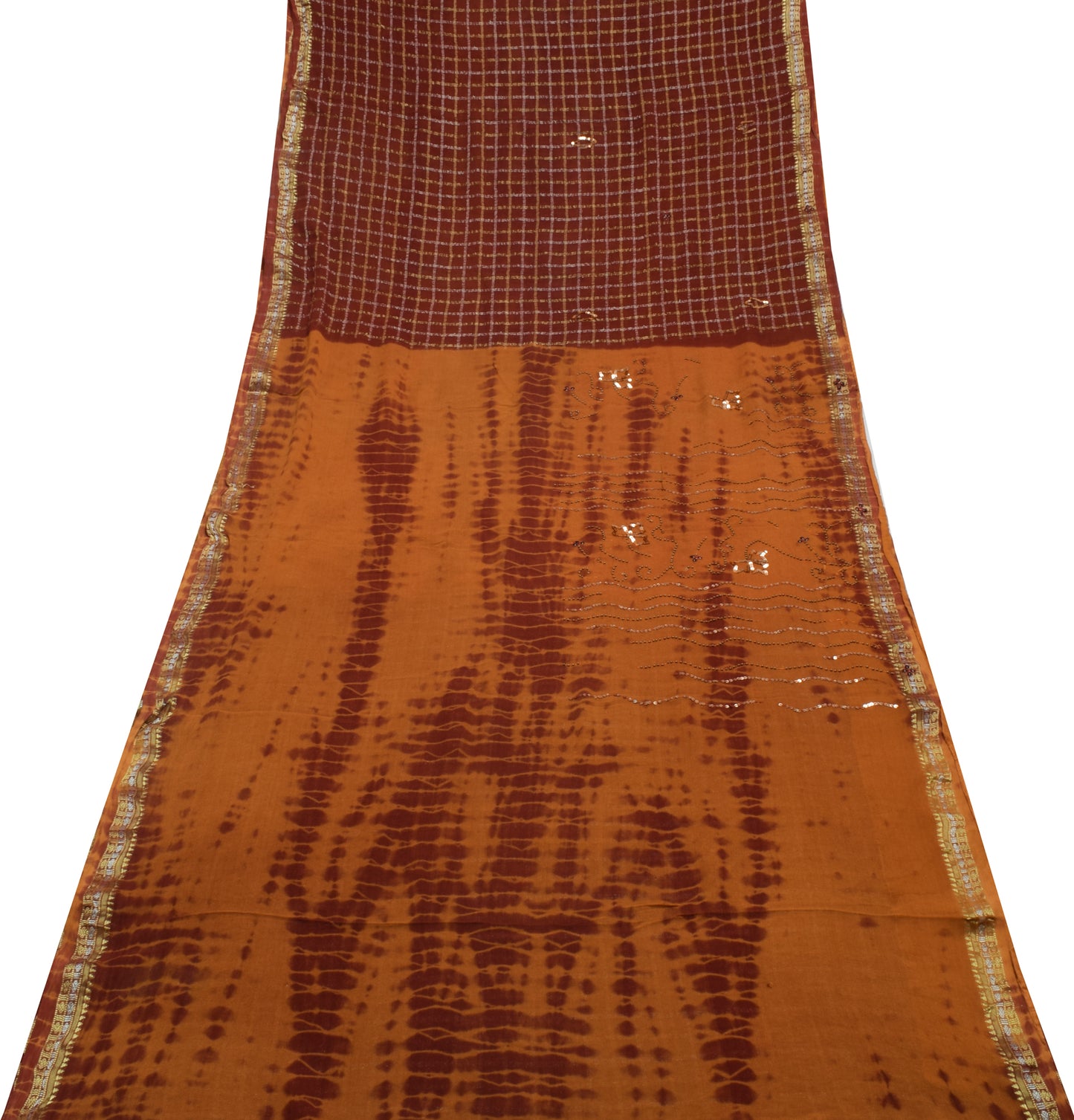 Sushila Vintage Rust Tie-Dye Saree Pure Georgette Silk Woven 5 Yard Sari Fabric