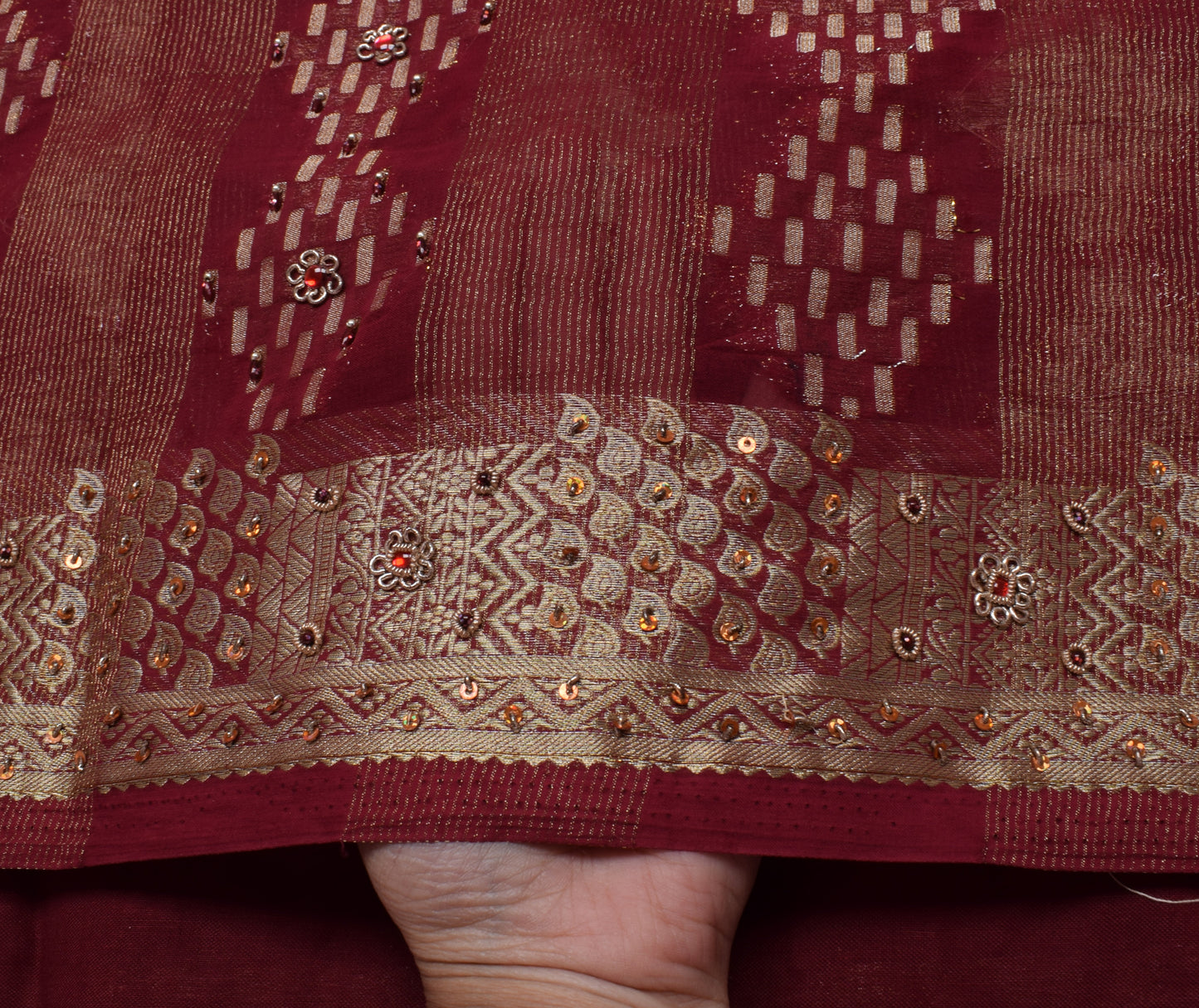 Sushila Vintage Maroon Saree Blend Georgette Silk Woven Sari Craft 5 Yard Fabric