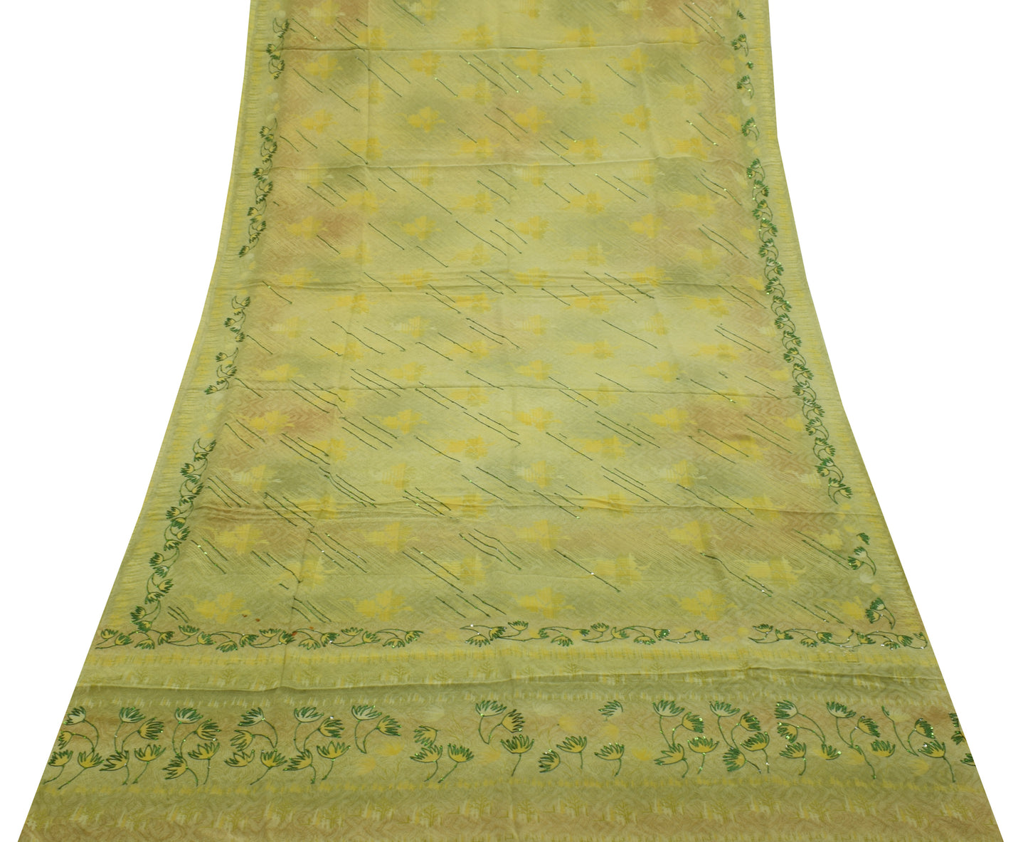Sushila Vintage Green Saree Pure Crepe Silk Printed & Embroidered  Sari Fabric