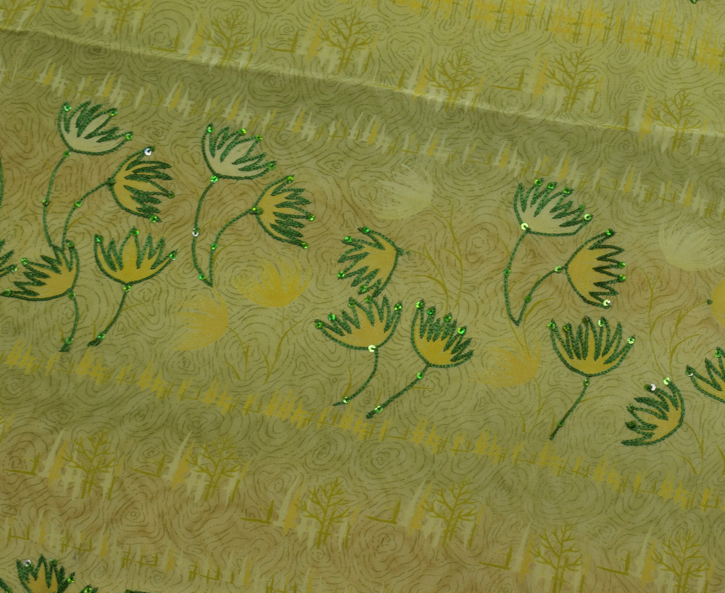 Sushila Vintage Green Saree Pure Crepe Silk Printed & Embroidered  Sari Fabric