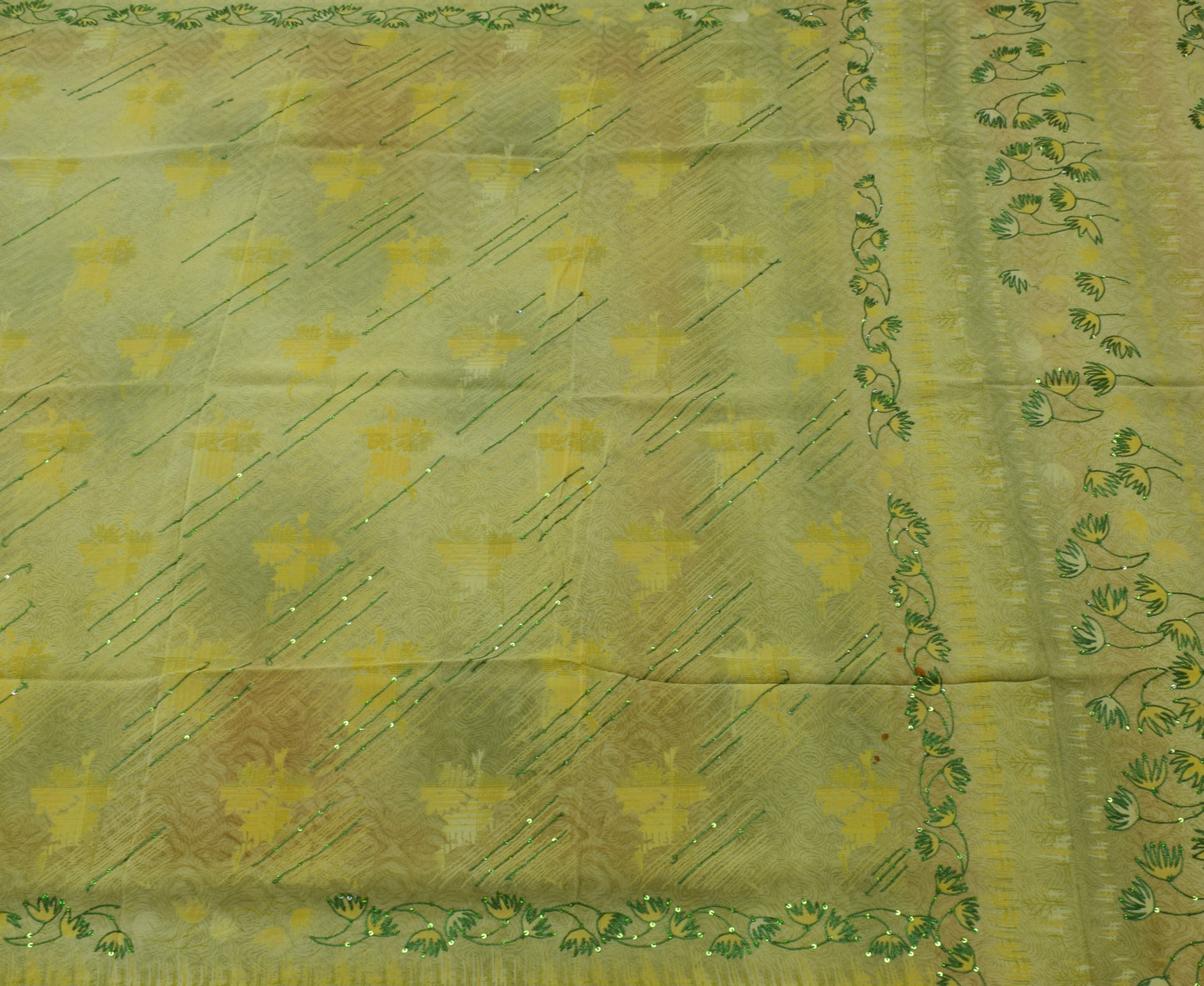 Sushila Vintage Green Saree Pure Crepe Silk Printed & Embroidered  Sari Fabric