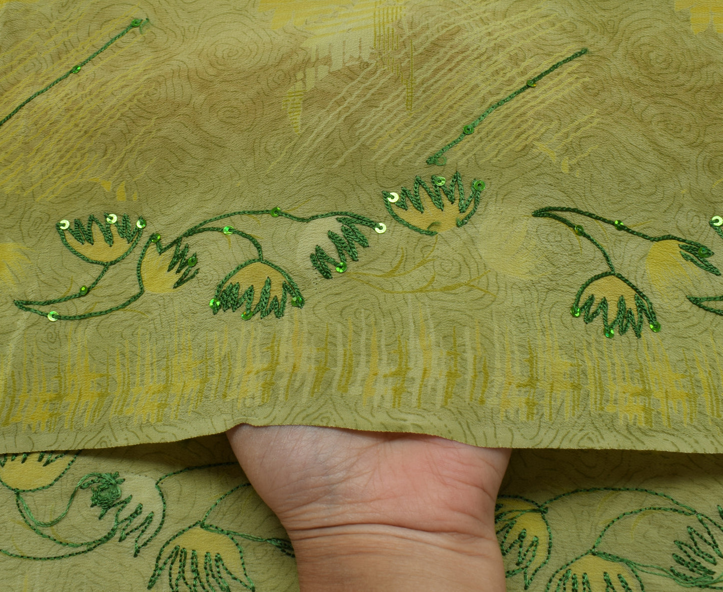 Sushila Vintage Green Saree Pure Crepe Silk Printed & Embroidered  Sari Fabric