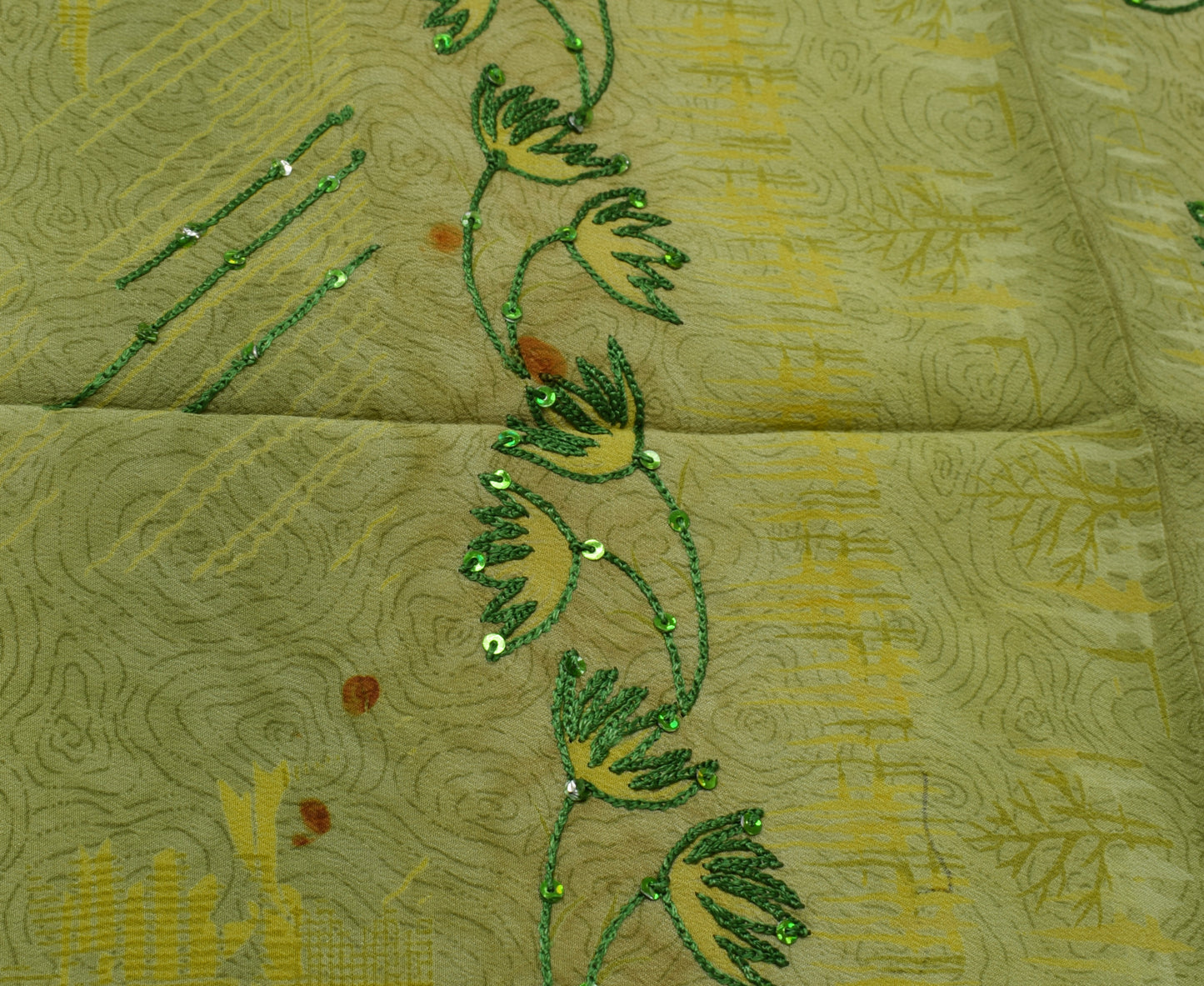 Sushila Vintage Green Saree Pure Crepe Silk Printed & Embroidered  Sari Fabric