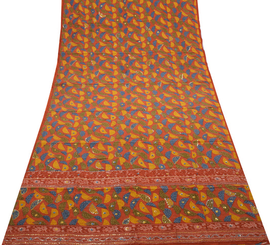 Sushila Vintage Multi-Color Saree Pure Crepe Hand Beaded & Printed Sari Fabric
