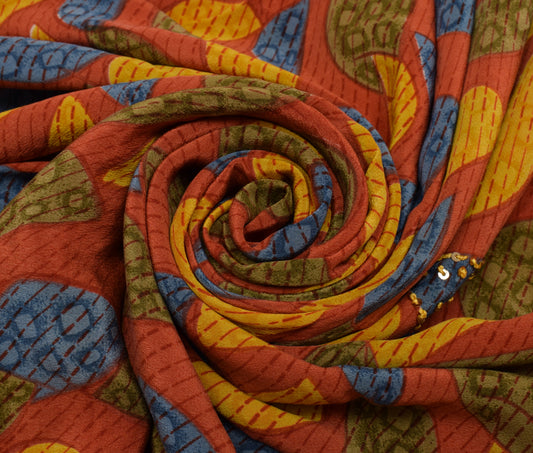 Sushila Vintage Multi-Color Saree Pure Crepe Hand Beaded & Printed Sari Fabric
