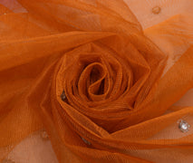 Sushila Vintage Indian Orange Saree Net Mesh Beaded Floral Sari Craft Fabric
