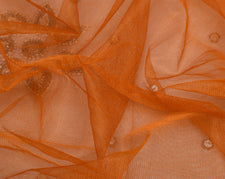 Sushila Vintage Indian Orange Saree Net Mesh Beaded Floral Sari Craft Fabric
