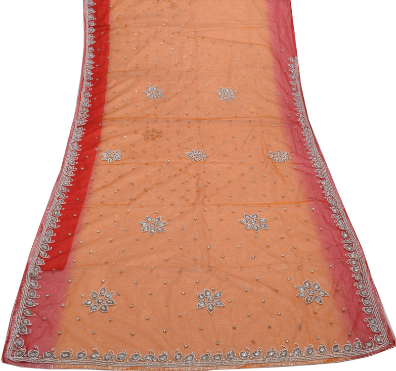 Sushila Vintage Indian Orange Saree Net Mesh Beaded Floral Sari Craft Fabric