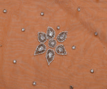 Sushila Vintage Indian Orange Saree Net Mesh Beaded Floral Sari Craft Fabric