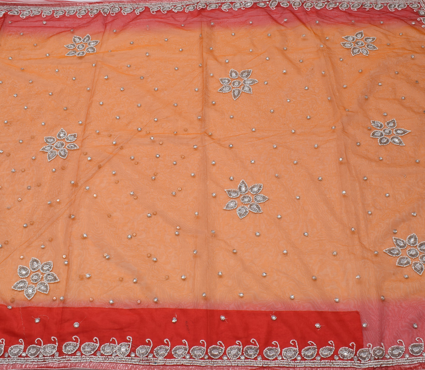 Sushila Vintage Indian Orange Saree Net Mesh Beaded Floral Sari Craft Fabric