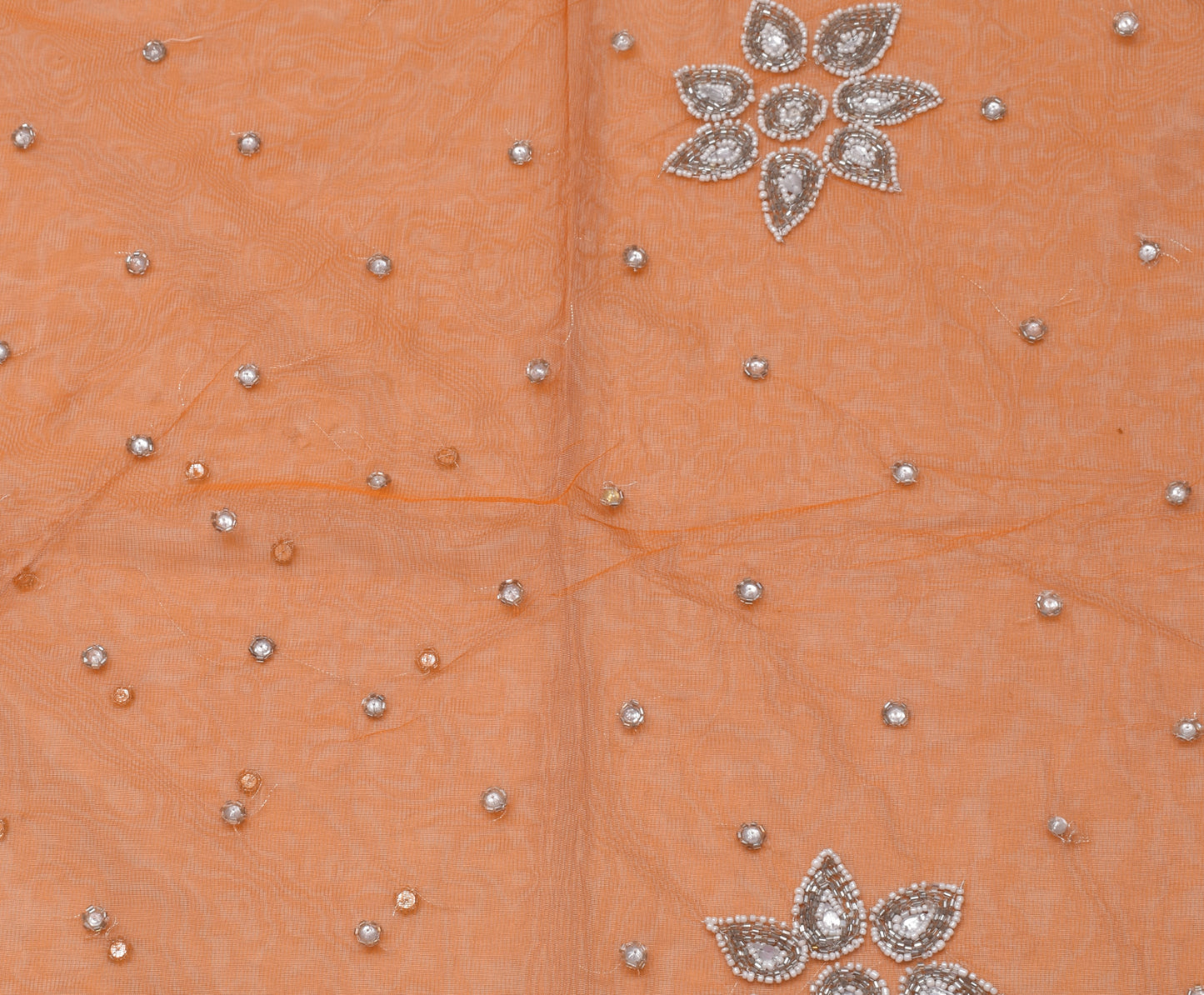 Sushila Vintage Indian Orange Saree Net Mesh Beaded Floral Sari Craft Fabric