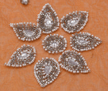 Sushila Vintage Indian Orange Saree Net Mesh Beaded Floral Sari Craft Fabric