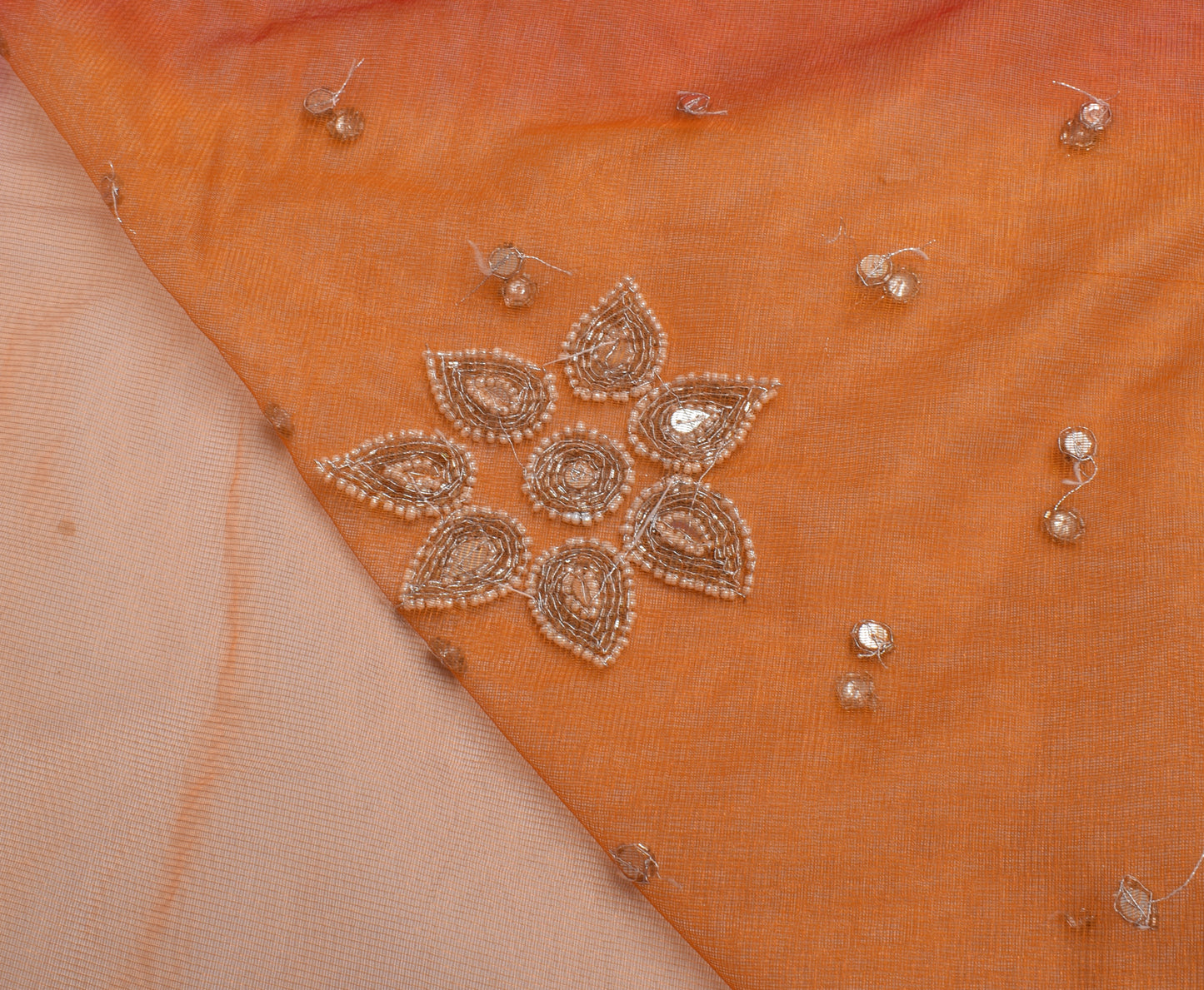 Sushila Vintage Indian Orange Saree Net Mesh Beaded Floral Sari Craft Fabric