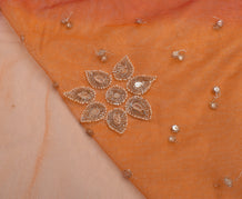 Sushila Vintage Indian Orange Saree Net Mesh Beaded Floral Sari Craft Fabric