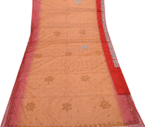 Sushila Vintage Indian Orange Saree Net Mesh Beaded Floral Sari Craft Fabric