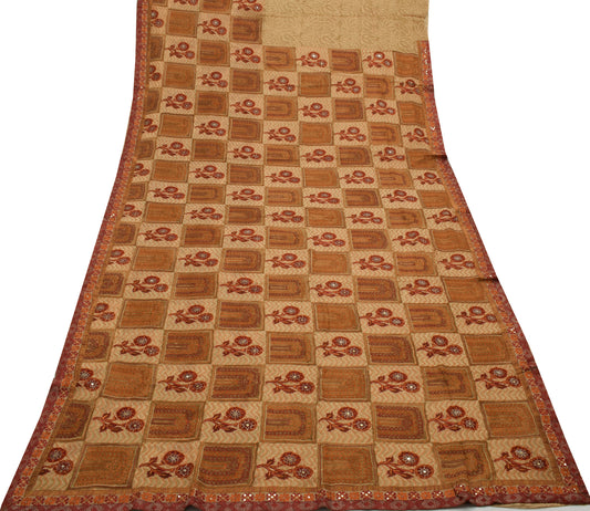 Sushila Vintage Light Brown Saree Pure Georgette Silk Embroidered Sari Fabric